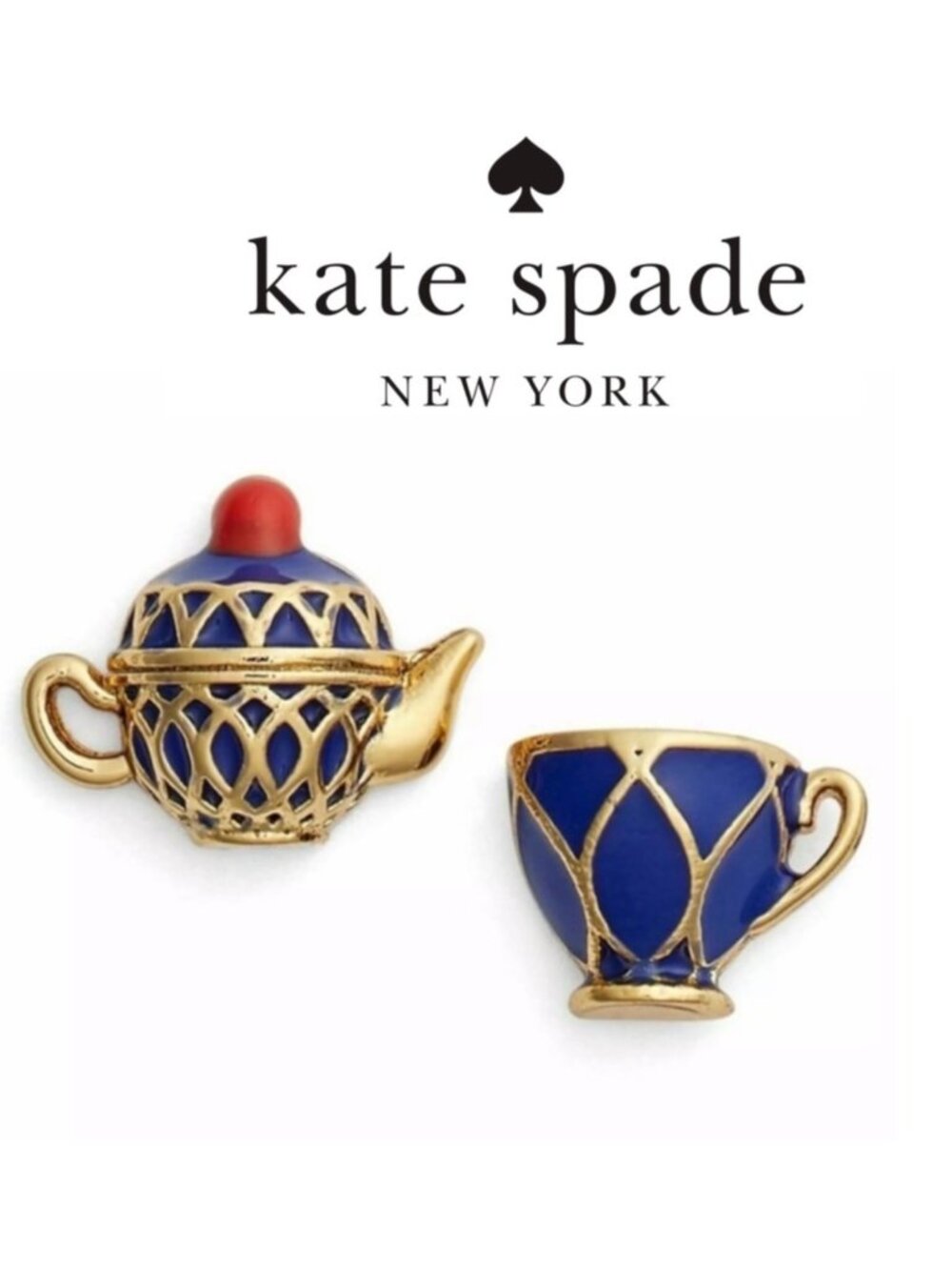 Kate Spade Tea Party Teapot & Teacup Stud Earrings Blue Enamel Gold Tone